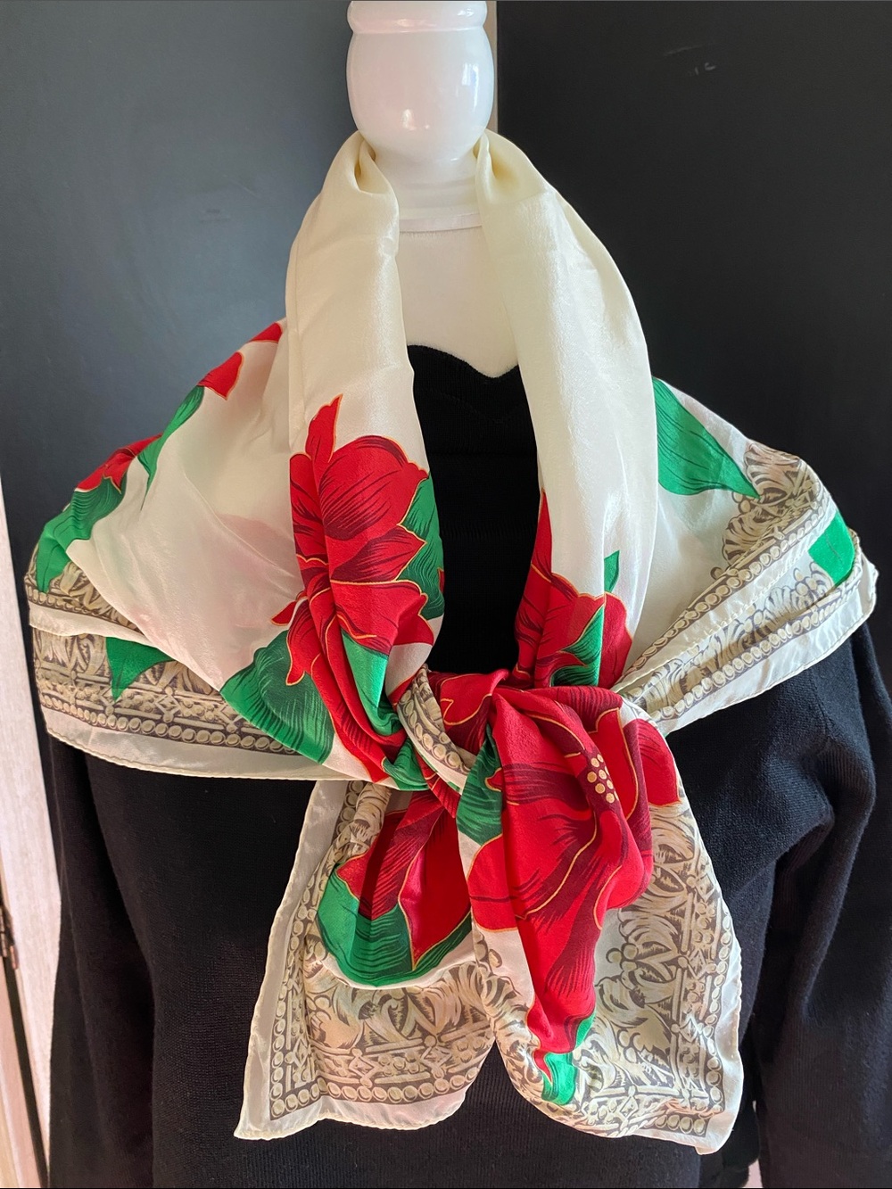 Vintage Elaine Gold Silk Scarf with vibrant red poinsettias and green leaves